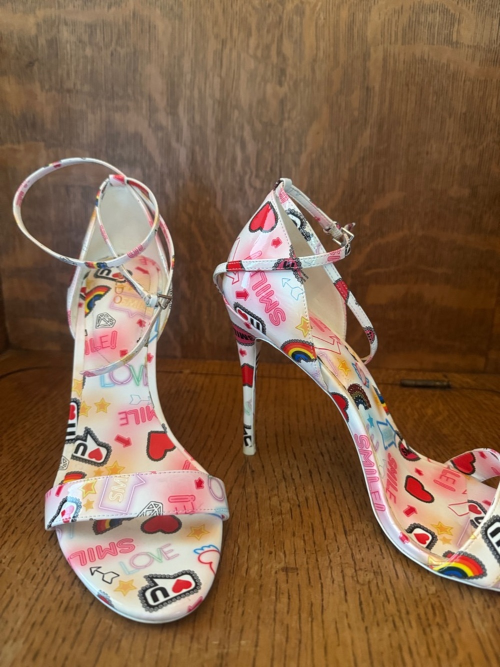 Aldo White Multi-Color Graphic Ankle-Strap Stiletto Heels - Picture 2 of 8